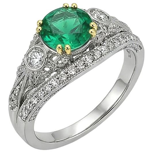 Edler Smaragd Rund-Brillant Schmuckstein-Ring in Zweifarbiges 14K Gold – Frontansicht