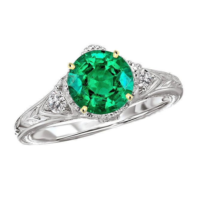 Rund-Brillant Edler Smaragd Ring in Zweifarbiges 14K Gold – Hauptansicht