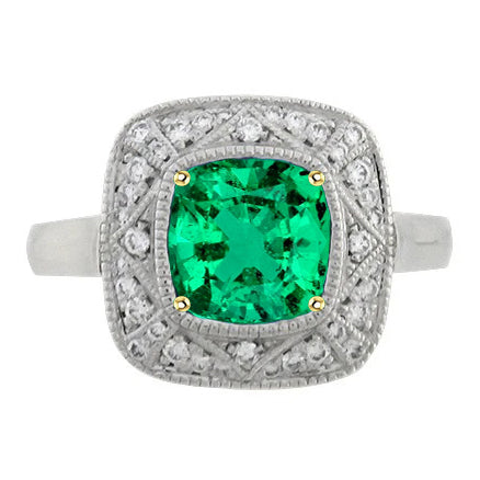 Kolumbianischer Smaragd Kissen-Schliff Edelstein-Ring in Bicolor 14K Gold – Hauptansicht