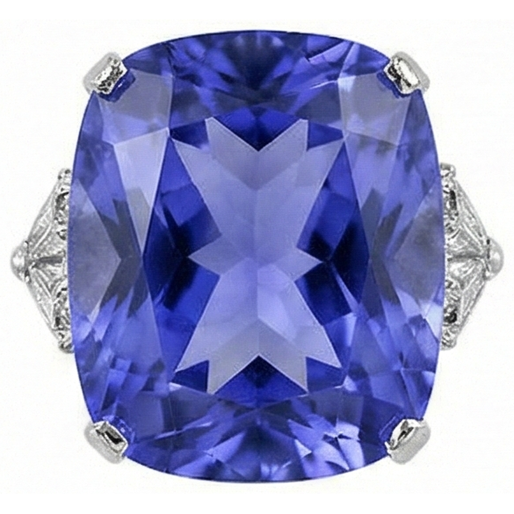 WG 14K AAA Kissen Tansanit & Trillion Aus der Erde Abgebauter Natürlicher Diamanten 6.30 ct. 3-Stein-Ring