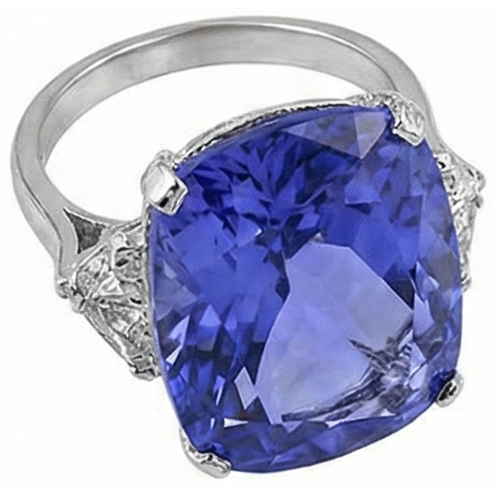 WG 14K AAA Kissen Tansanit & Trillion Aus der Erde Abgebauter Natürlicher Diamanten 6.30 ct. 3-Stein-Ring