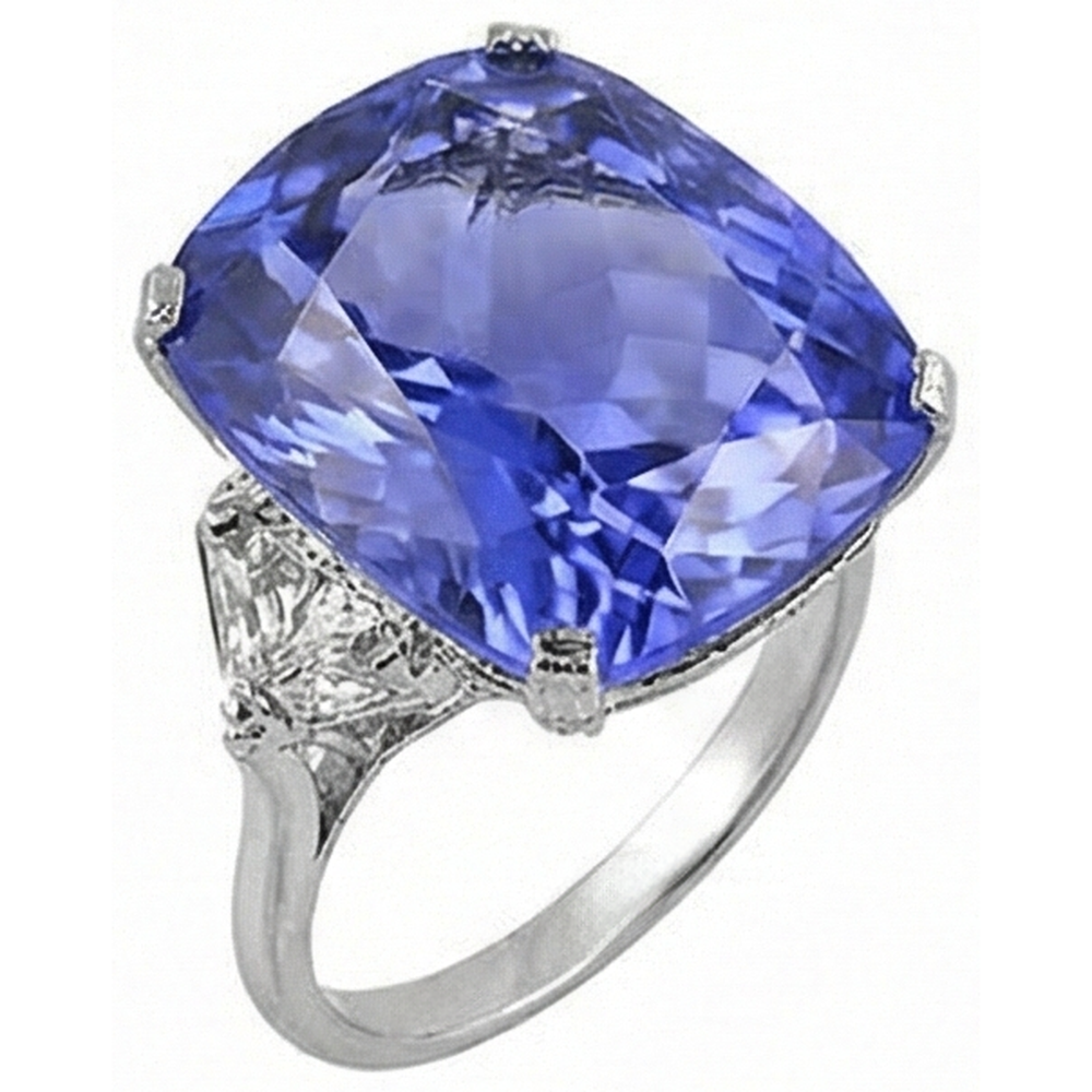 WG 14K AAA Kissen Tansanit & Trillion Aus der Erde Abgebauter Natürlicher Diamanten 6.30 ct. 3-Stein-Ring