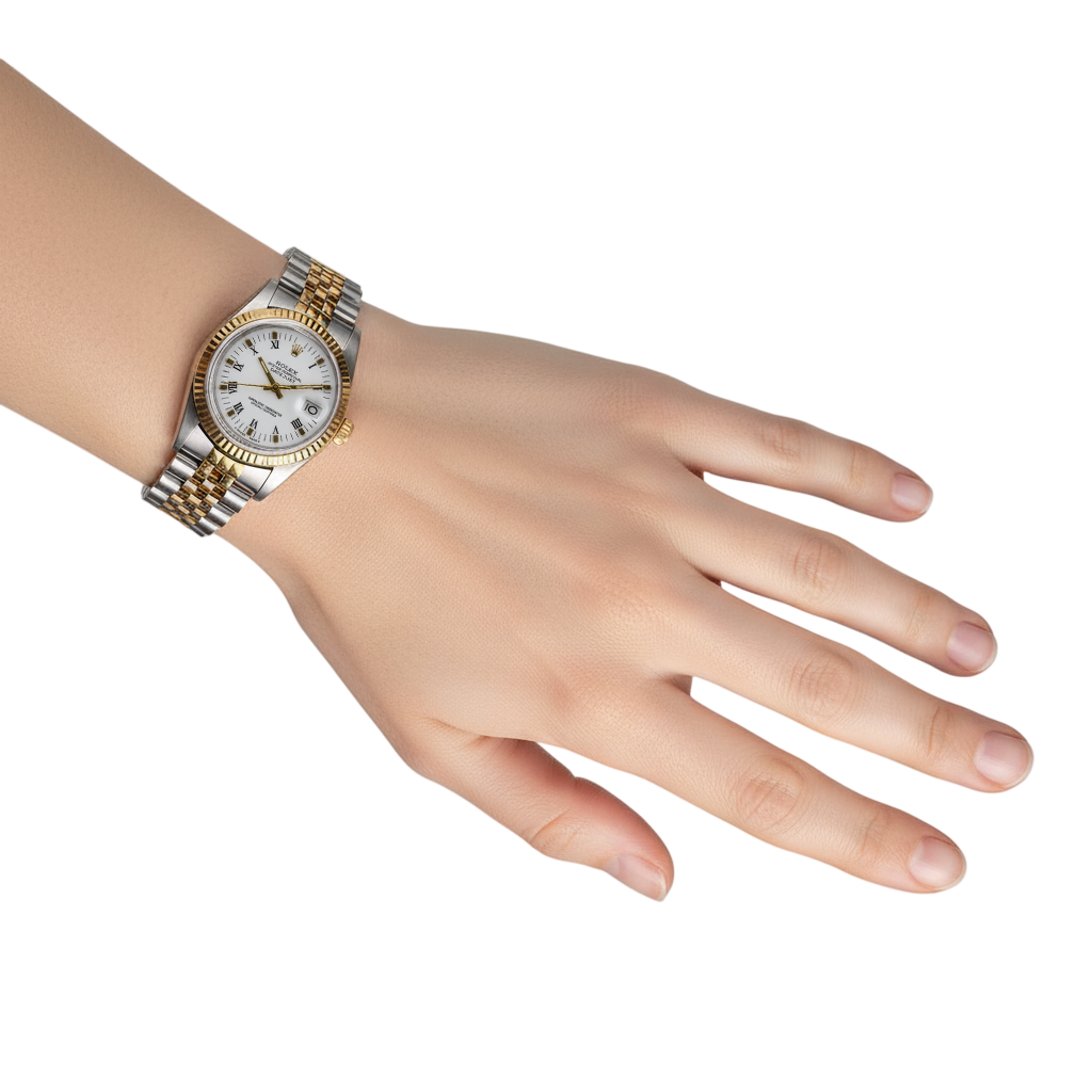 Weiße Rolex Datejust-Uhr mit römischem Zifferblatt und goldenem Armband P4