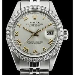 Weißes Rolex-Damenarmband mit römischem Zifferblatt und Datumsanzeige, nur Diamantlünette