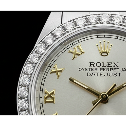 Weißes Rolex-Damenarmband mit römischem Zifferblatt und Datumsanzeige, nur Diamantlünette