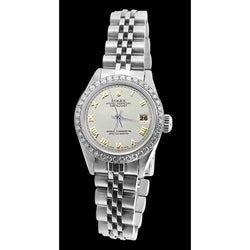 Weißes Rolex-Damenarmband mit römischem Zifferblatt und Datumsanzeige, nur Diamantlünette