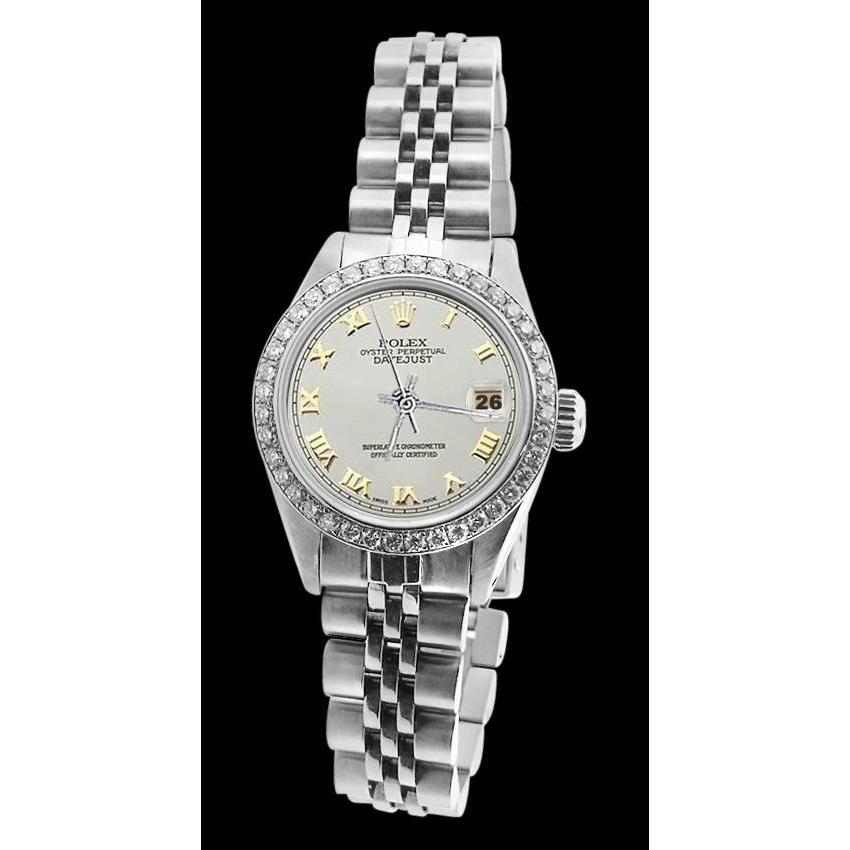 Weißes Rolex-Damenarmband mit römischem Zifferblatt und Datumsanzeige, nur Diamantlünette

