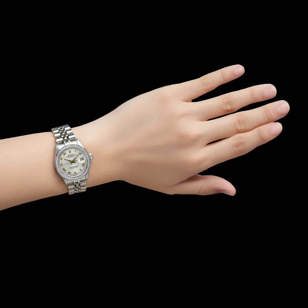 Weißes Rolex-Damenarmband mit römischem Zifferblatt und Datumsanzeige, nur Diamantlünette P2