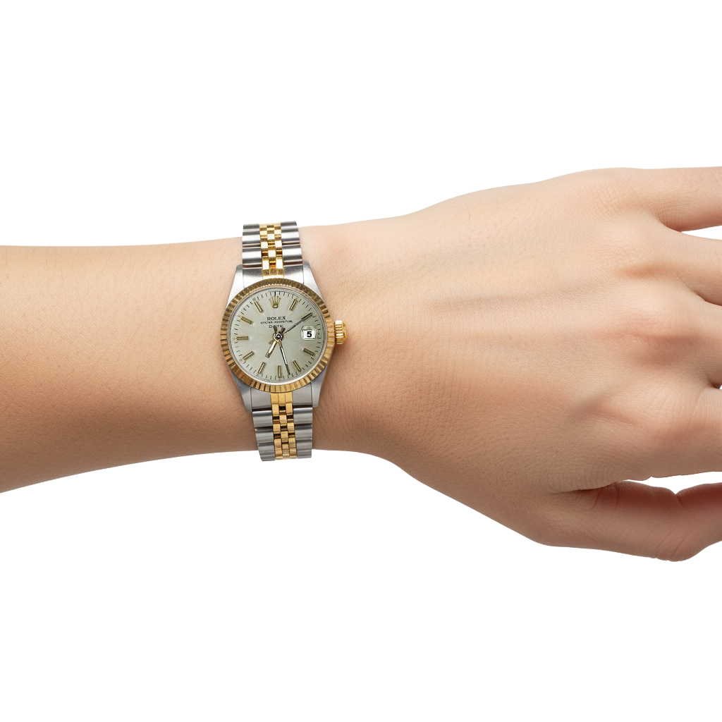 Weißes Stick-Zifferblatt mit geriffelter Lünette und Datumsanzeige für Damenuhr, Jubilee-Armband P2