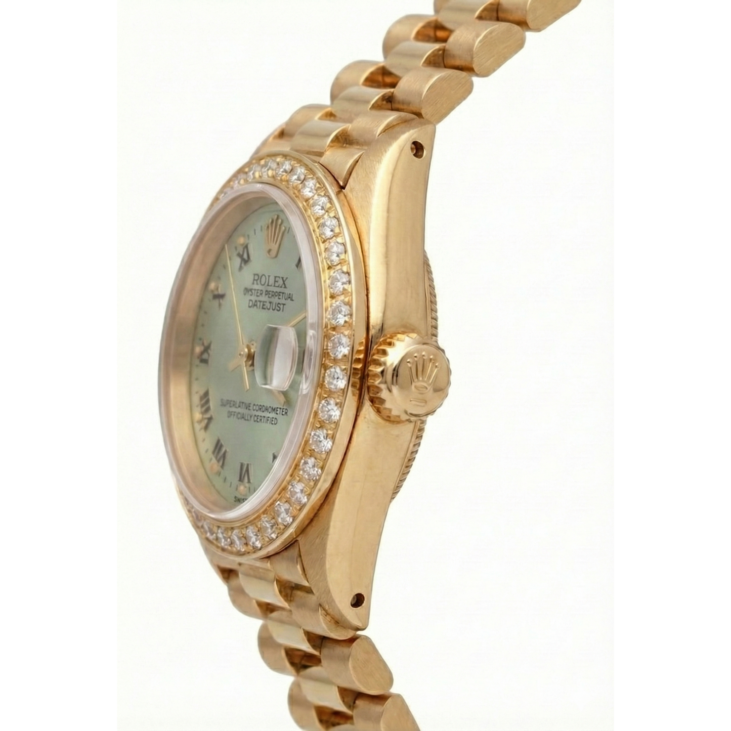 Weißes römisches Zifferblatt, Diamantlünette, Rolex Datejust-Uhr, Präsident-Stil, Gelbgold
