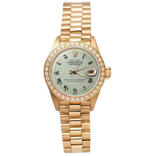 Weißes römisches Zifferblatt, Diamantlünette, Rolex Datejust-Uhr, Präsident-Stil, Gelbgold