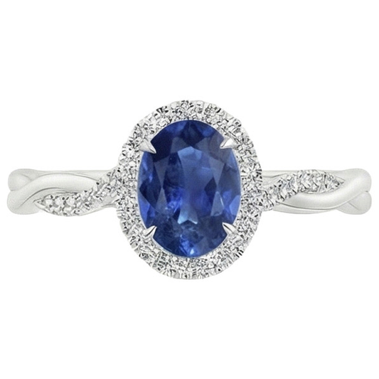 Weißer Aus der Erde Abgebauter Natürlicher Diamant Halo Ring Natürlicher blauer Saphir verdrehter Schaft 5 Karat