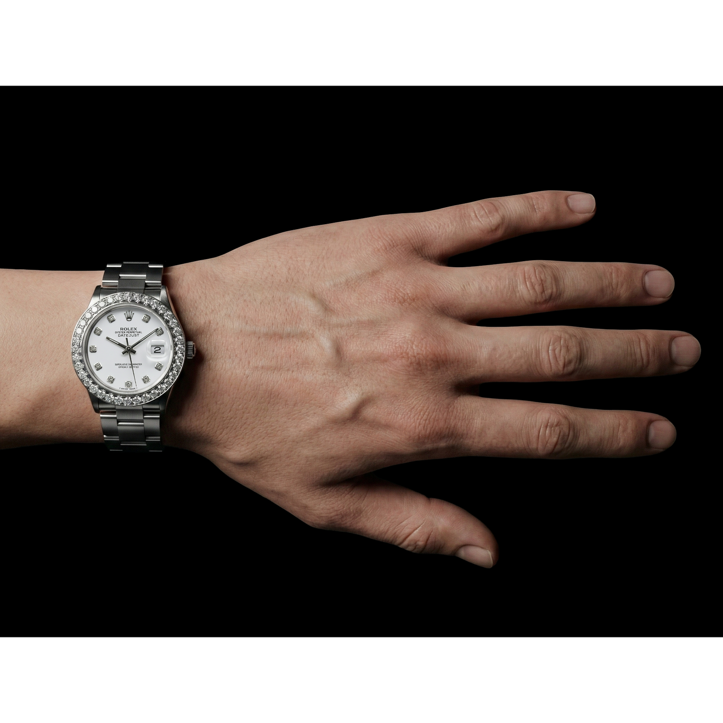 Weißes Zifferblatt, individuelle Rolex-DateJust-Uhr mit Diamanten und großer Lünette aus Edelstahl