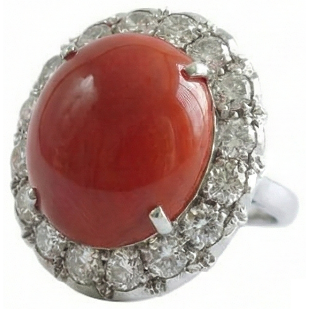 Weißgold 14K 14,50 Ct Rote Koralle Und Aus der Erde Abgebauter Natürlicher Diamanten Verlobungsring Neu