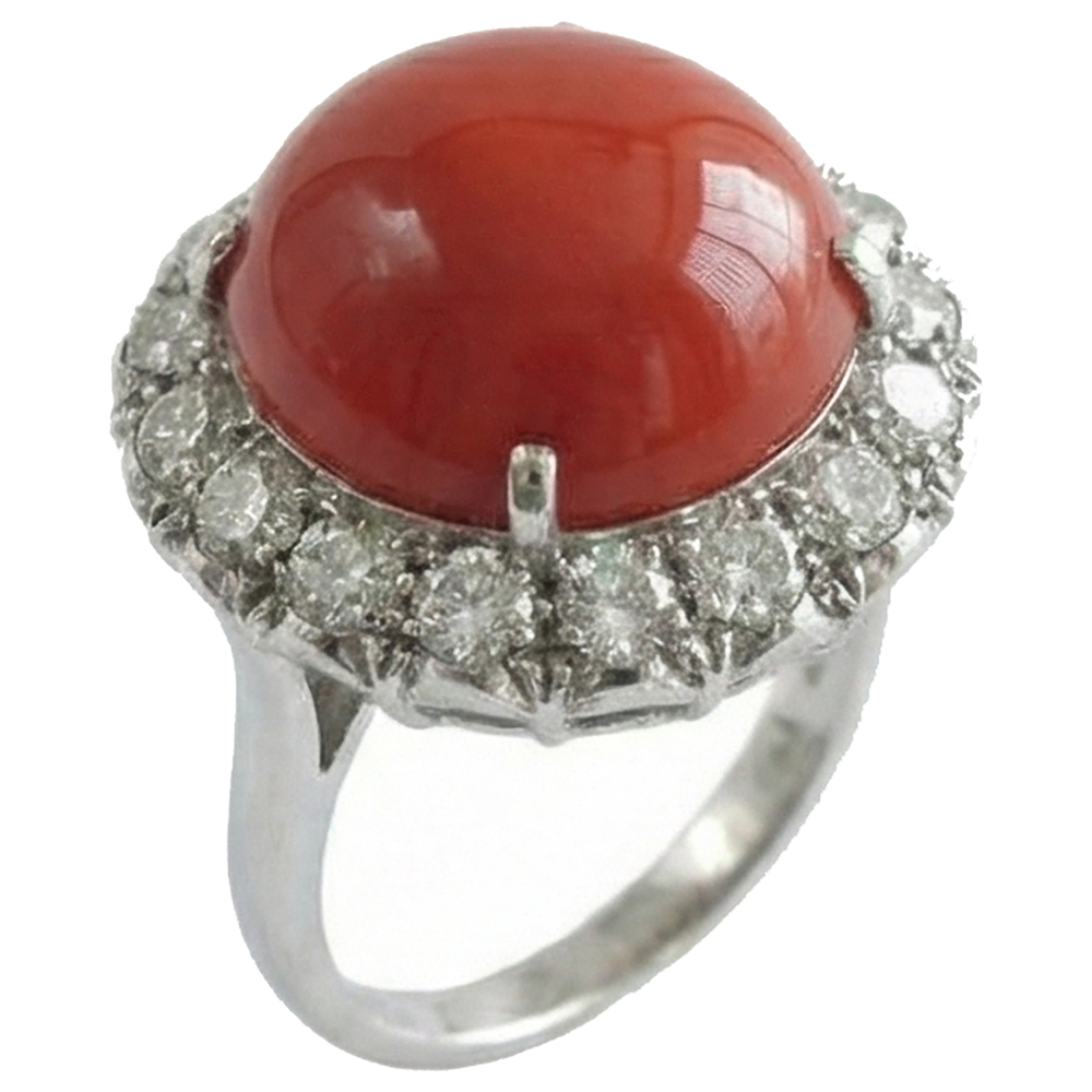 Weißgold 14K 14,50 Ct Rote Koralle Und Aus der Erde Abgebauter Natürlicher Diamanten Verlobungsring Neu