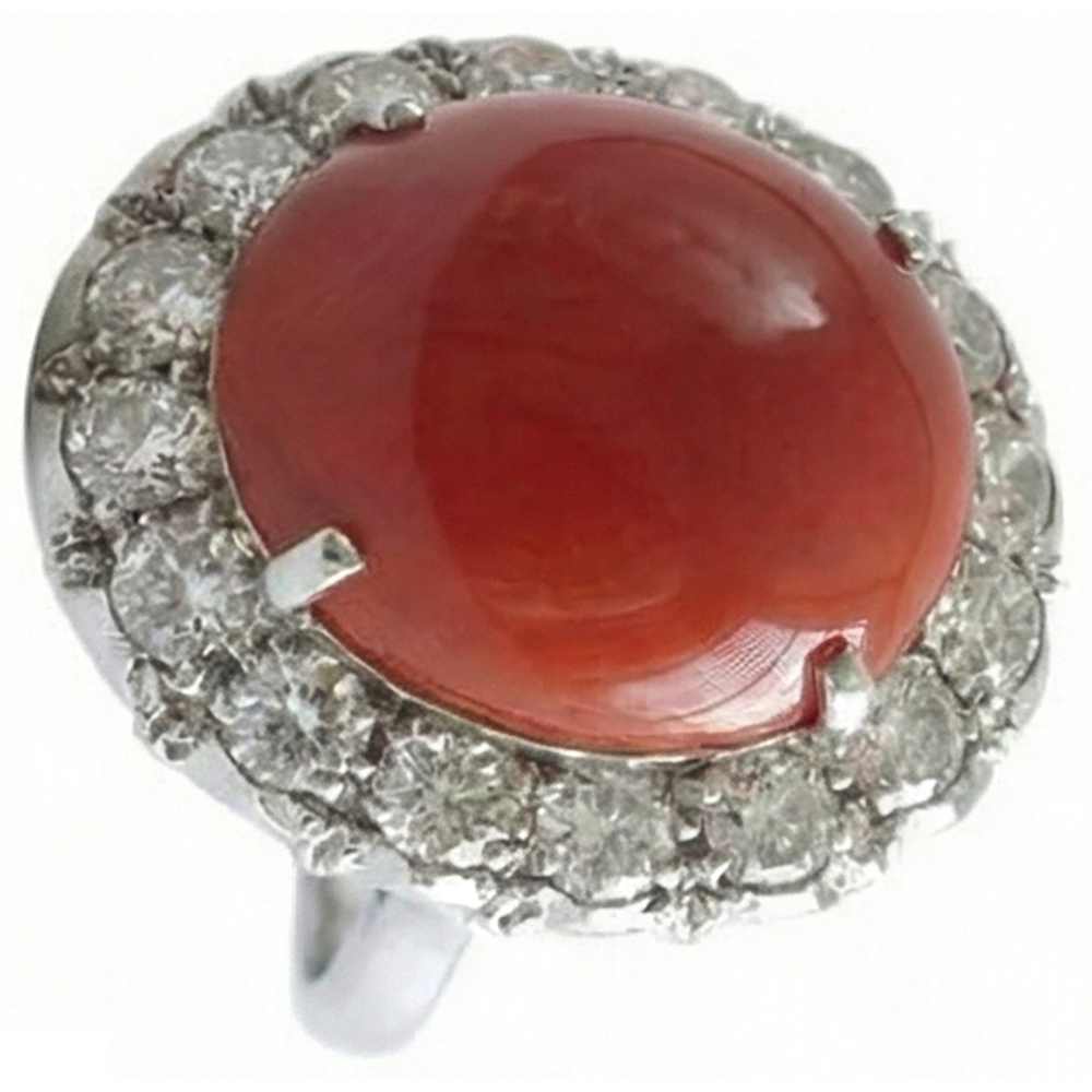 Weißgold 14K 14,50 Ct Rote Koralle Und Aus der Erde Abgebauter Natürlicher Diamanten Verlobungsring Neu