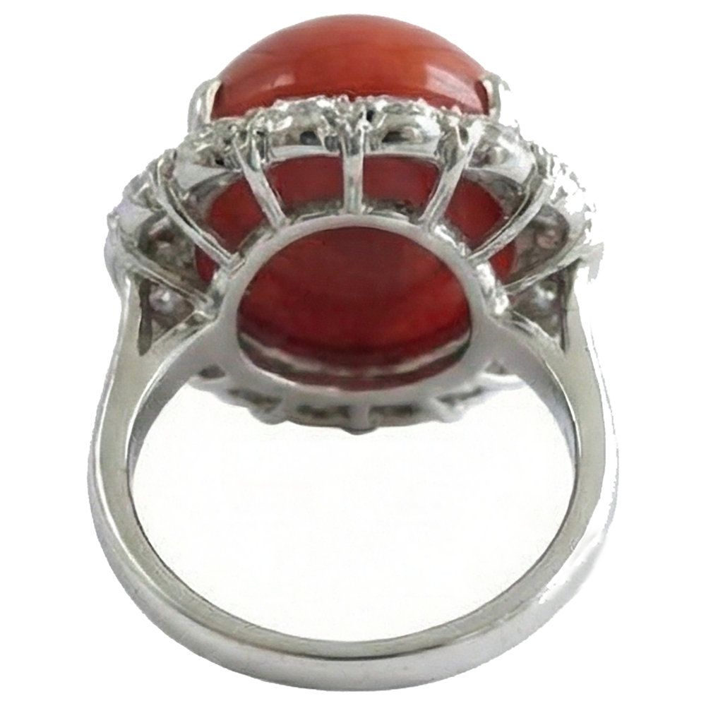 Weißgold 14K 14,50 Ct Rote Koralle Und Aus der Erde Abgebauter Natürlicher Diamanten Verlobungsring Neu