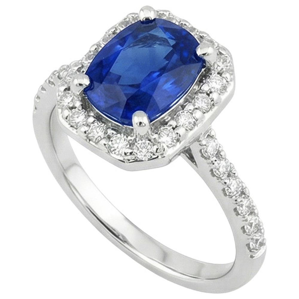 Weißgold 14K 3.40 Ct Ceylon Blauer Saphir und Aus der Erde Abgebauter Natürlicher Diamanten Ring