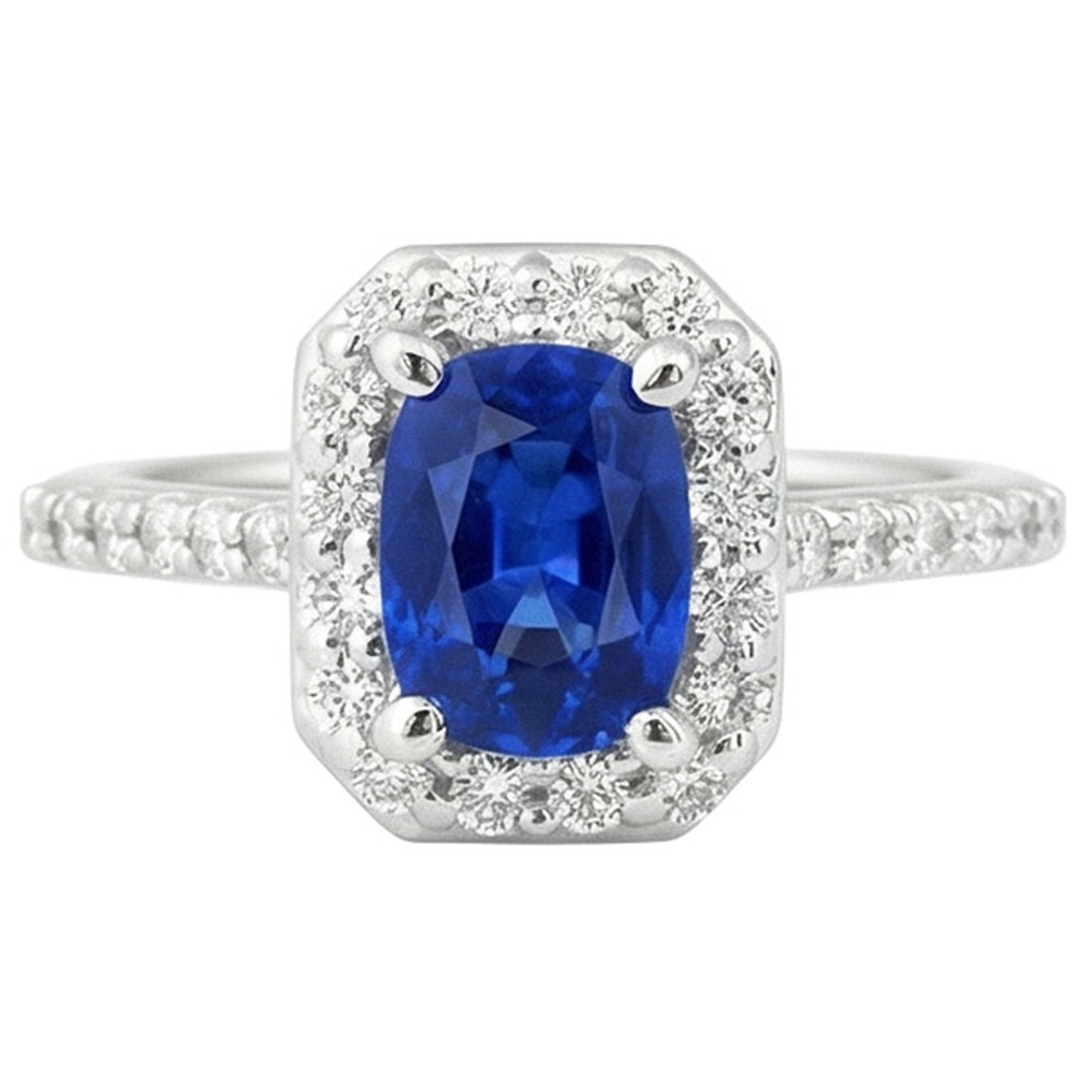 Weißgold 14K 3.40 Ct Ceylon Blauer Saphir und Aus der Erde Abgebauter Natürlicher Diamanten Ring