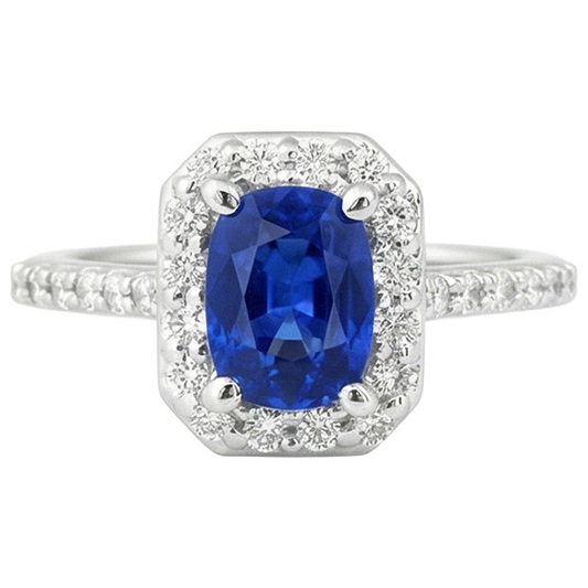 Weißgold 14K 3.40 Ct Ceylon Blauer Saphir und Aus der Erde Abgebauter Natürlicher Diamanten Ring