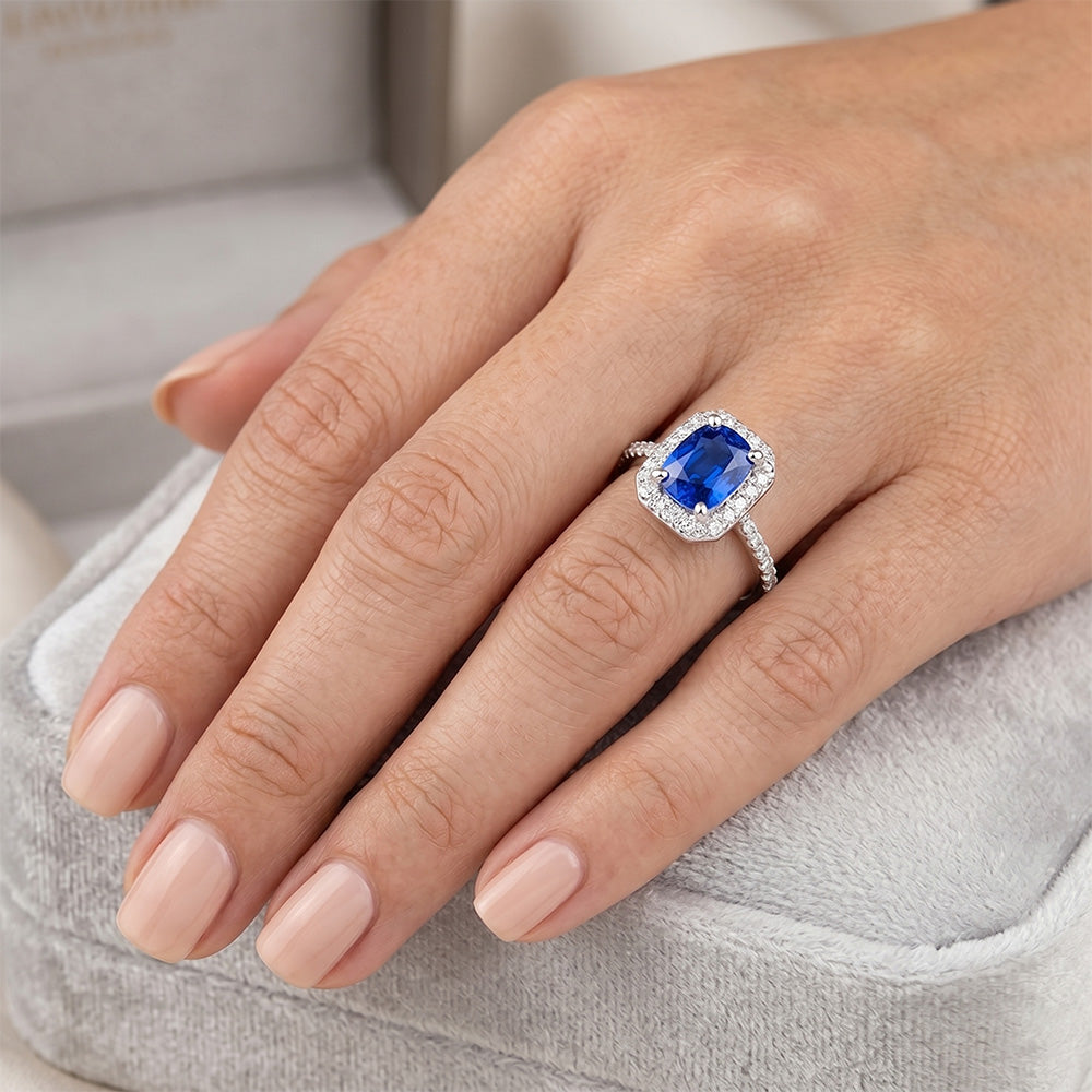 Weißgold 14K 3.40 Ct Ceylon Blauer Saphir und Aus der Erde Abgebauter Natürlicher Diamanten Ring