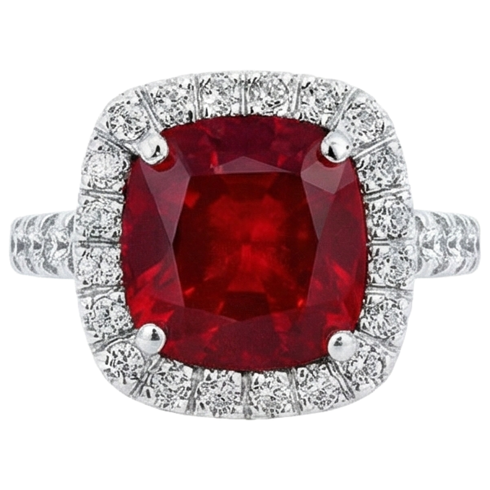 Weißgold 14K 4 Karat Kissen Rubin und Ring mit Aus der Erde Abgebauter Natürlicher Diamanten im Rundschliff