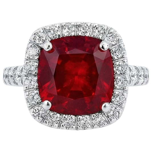 Weißgold 14K 4 Karat Kissen Rubin und Ring mit Aus der Erde Abgebauter Natürlicher Diamanten im Rundschliff