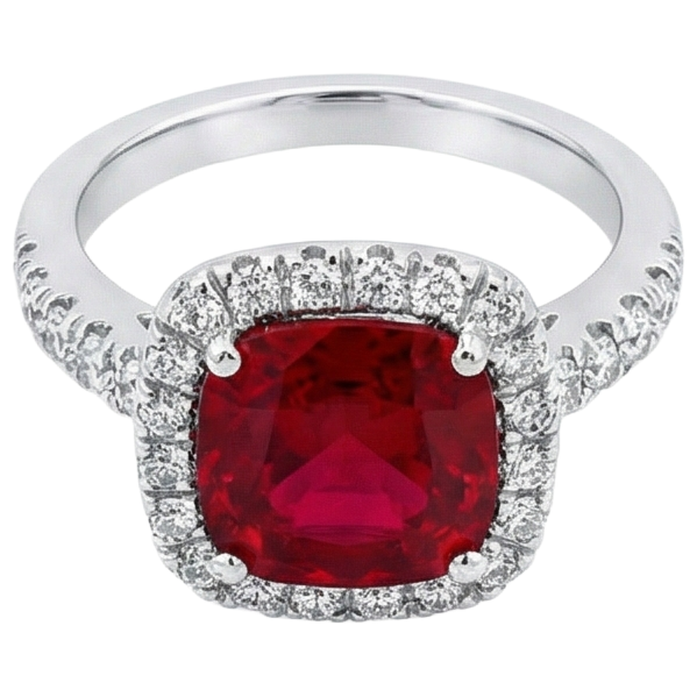 Weißgold 14K 4 Karat Kissen Rubin und Ring mit Aus der Erde Abgebauter Natürlicher Diamanten im Rundschliff