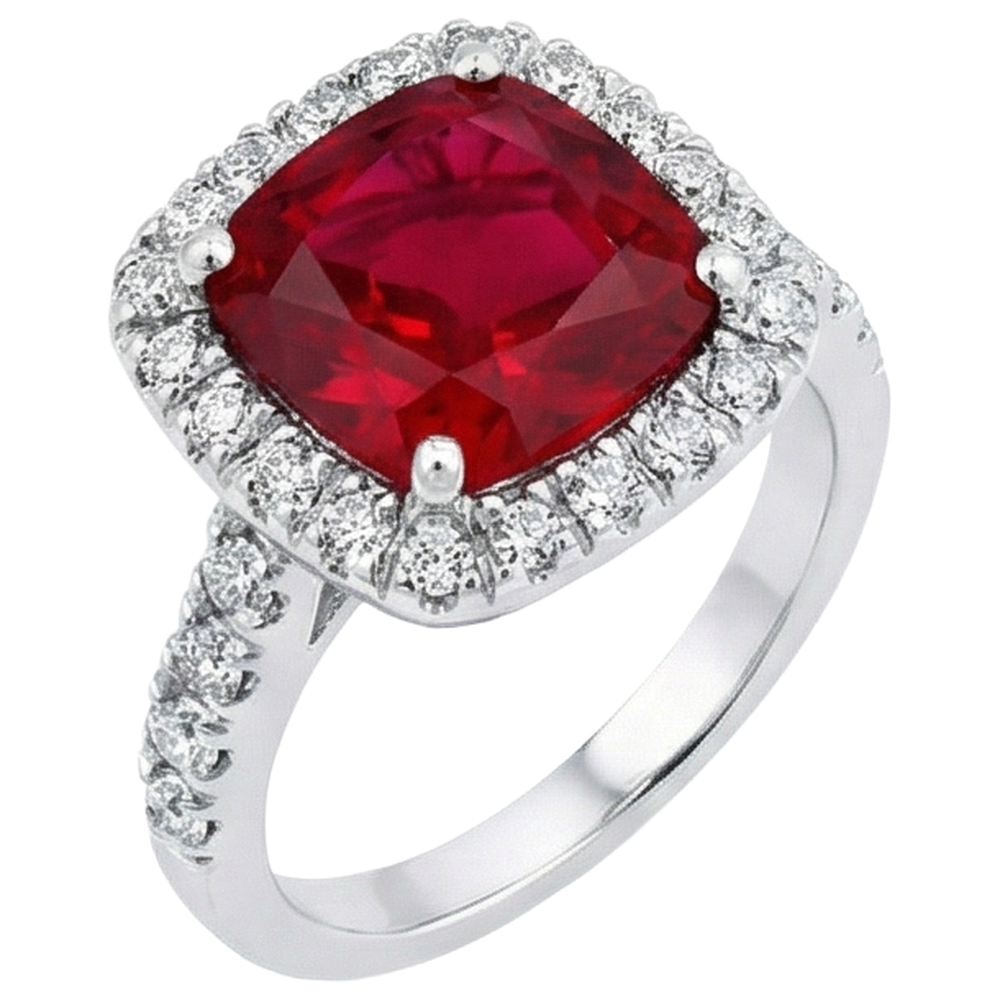 Weißgold 14K 4 Karat Kissen Rubin und Ring mit Aus der Erde Abgebauter Natürlicher Diamanten im Rundschliff