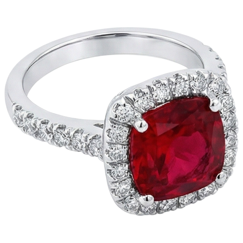 Weißgold 14K 4 Karat Kissen Rubin und Ring mit Aus der Erde Abgebauter Natürlicher Diamanten im Rundschliff