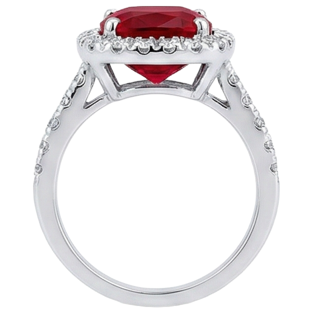 Weißgold 14K 4 Karat Kissen Rubin und Ring mit Aus der Erde Abgebauter Natürlicher Diamanten im Rundschliff