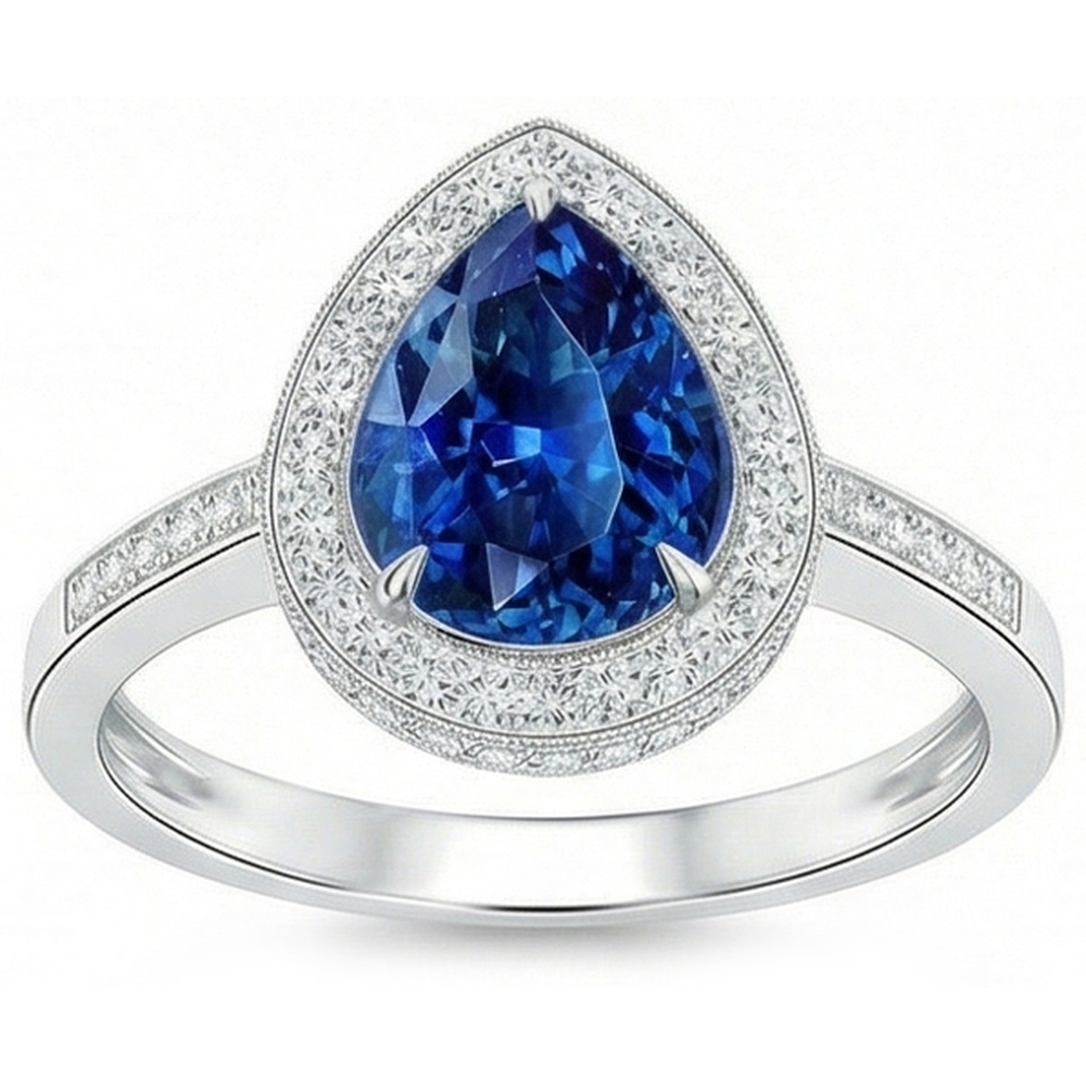 Weißgold 14K 4,90 Sri Lanka Blauer Saphir Halo Aus der Erde Abgebauter Natürlicher Diamanten Ring