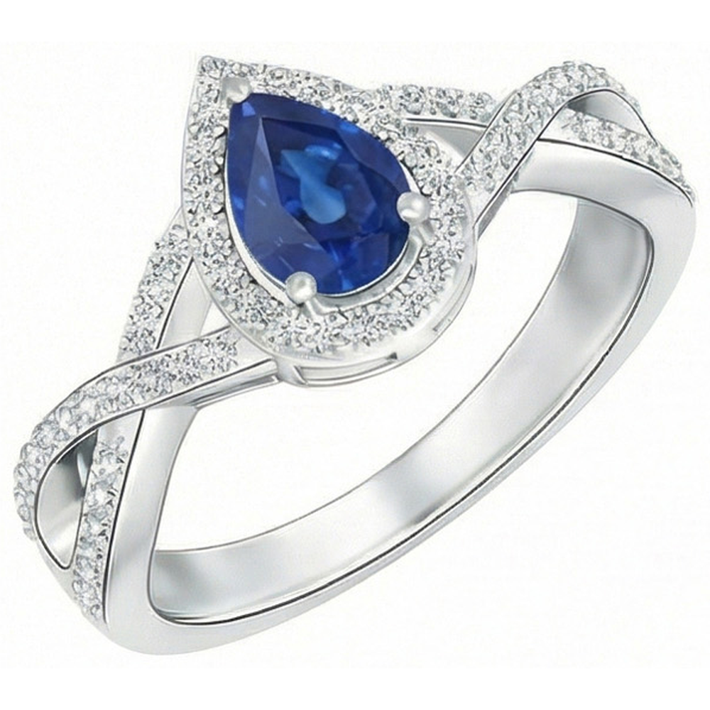 Weißgold 14K Birne und Rundschliff Sri Lanka Blauer Saphir 4.90 ct Ring