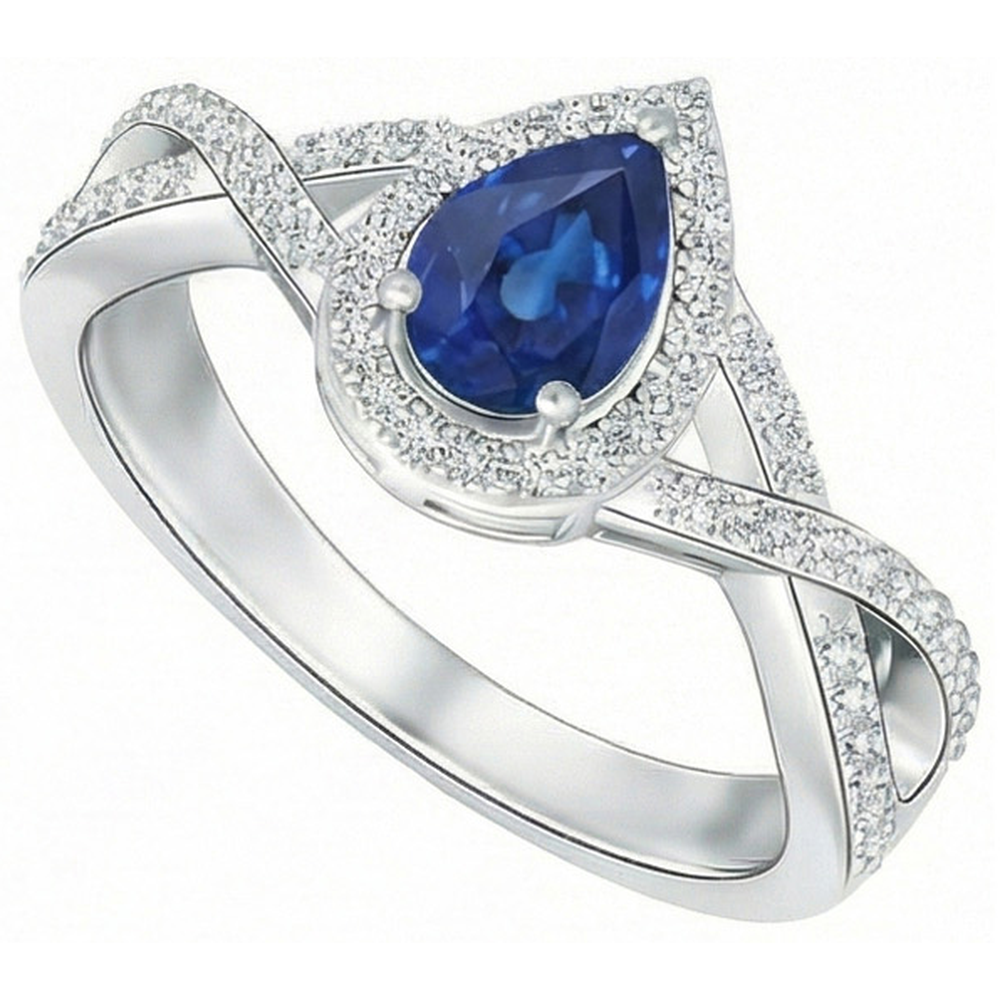 Weißgold 14K Birne und Rundschliff Sri Lanka Blauer Saphir 4.90 ct Ring