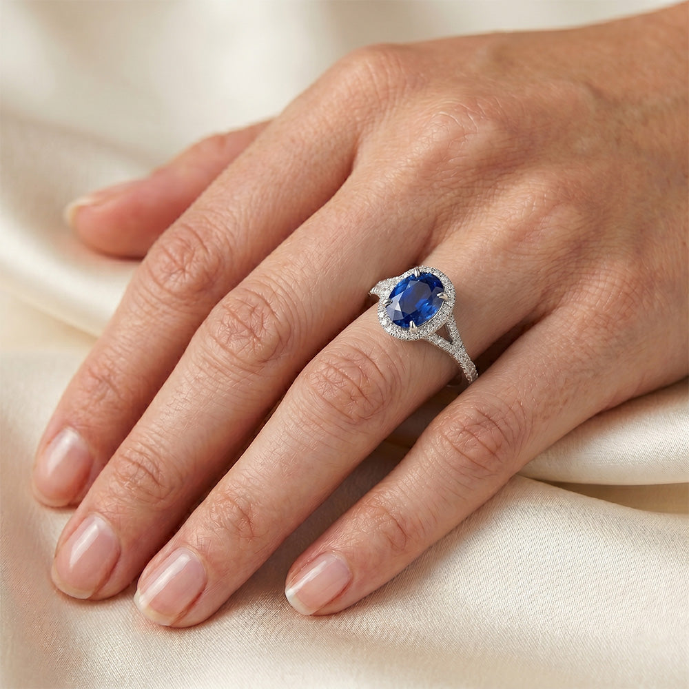 Weißgold 14K Blauer Saphir Ovaler Aus der Erde Abgebauter Natürlicher Diamantring 2.50 Karat Schmuck