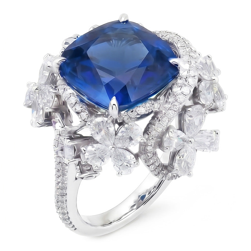 Weißgold 14K Blauer Saphir im Birnenschliff mit Aus der Erde Abgebauter Natürlicher Diamanten Ring 9.50 Karat