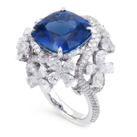 Weißgold 14K Blauer Saphir im Birnenschliff mit Aus der Erde Abgebauter Natürlicher Diamanten Ring 9.50 Karat