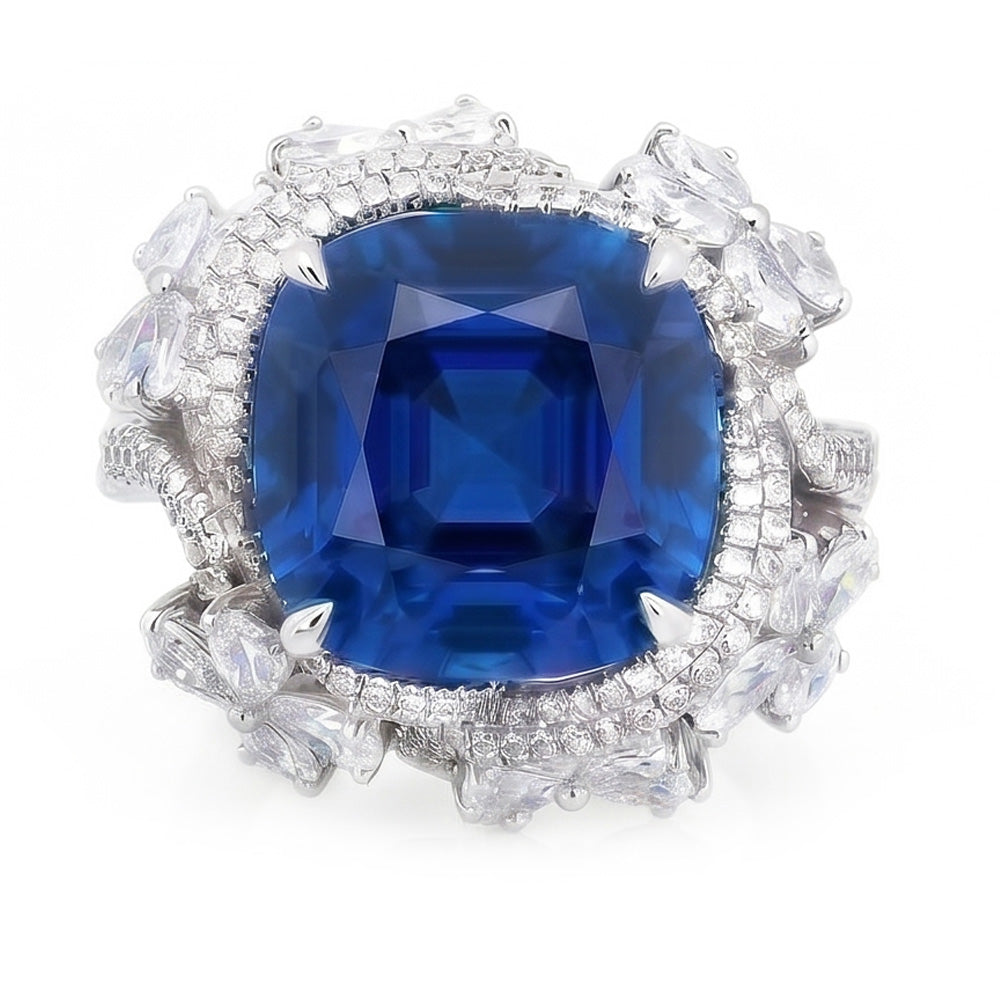 Weißgold 14K Blauer Saphir im Birnenschliff mit Aus der Erde Abgebauter Natürlicher Diamanten Ring 9.50 Karat
