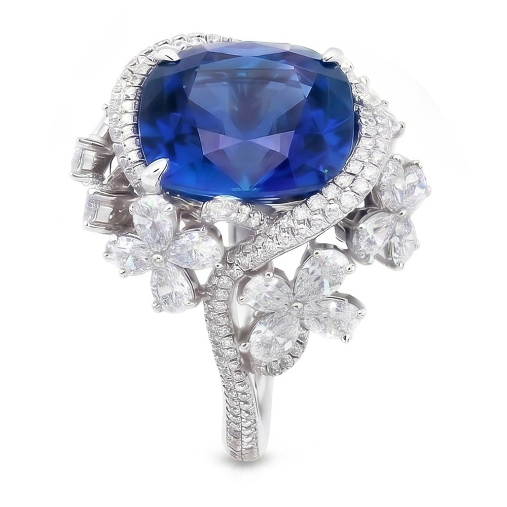 Weißgold 14K Blauer Saphir im Birnenschliff mit Aus der Erde Abgebauter Natürlicher Diamanten Ring 9.50 Karat