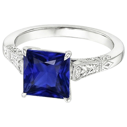 Weißgold 3 Steine Aus der Erde Abgebauter Natürlicher Diamant & Prinzessin Blauer Saphir Ring 5,25 Karat