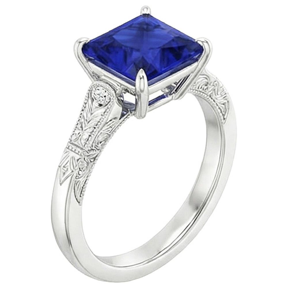 Weißgold 3 Steine Aus der Erde Abgebauter Natürlicher Diamant & Prinzessin Blauer Saphir Ring 5,25 Karat