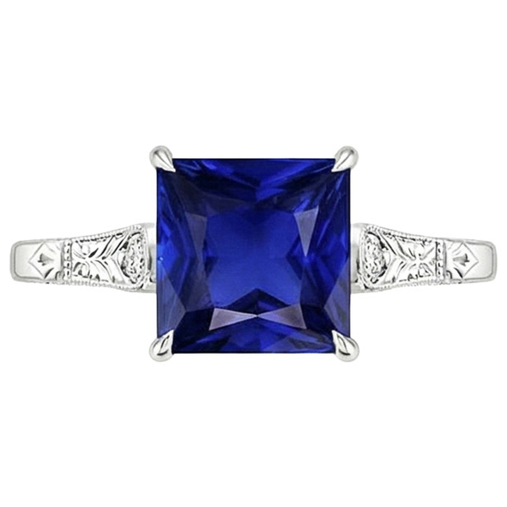 Weißgold 3 Steine Aus der Erde Abgebauter Natürlicher Diamant & Prinzessin Blauer Saphir Ring 5,25 Karat