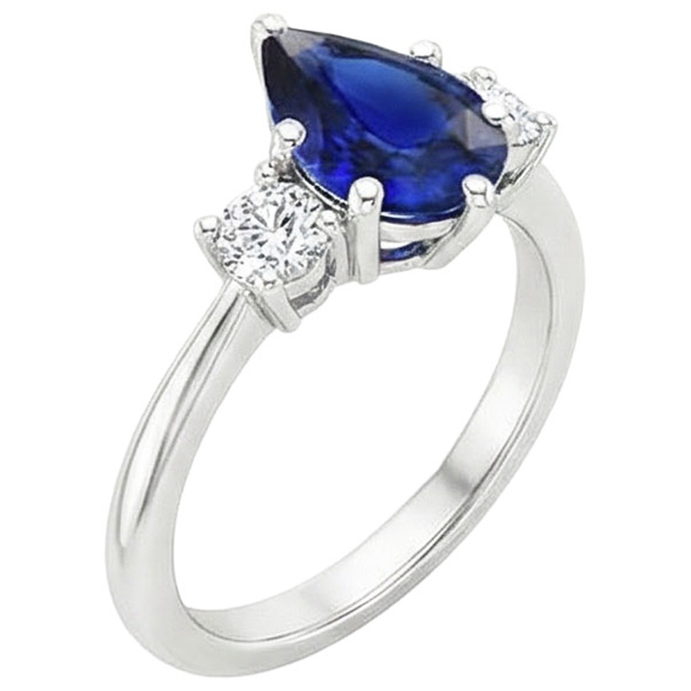 Weißgold 3 Steine Ring Birne Ceylon Saphir & Aus der Erde Abgebauter Natürlicher Diamanten 3,50 Karat