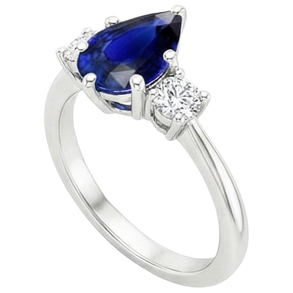 Weißgold 3 Steine Ring Birne Ceylon Saphir & Aus der Erde Abgebauter Natürlicher Diamanten 3,50 Karat