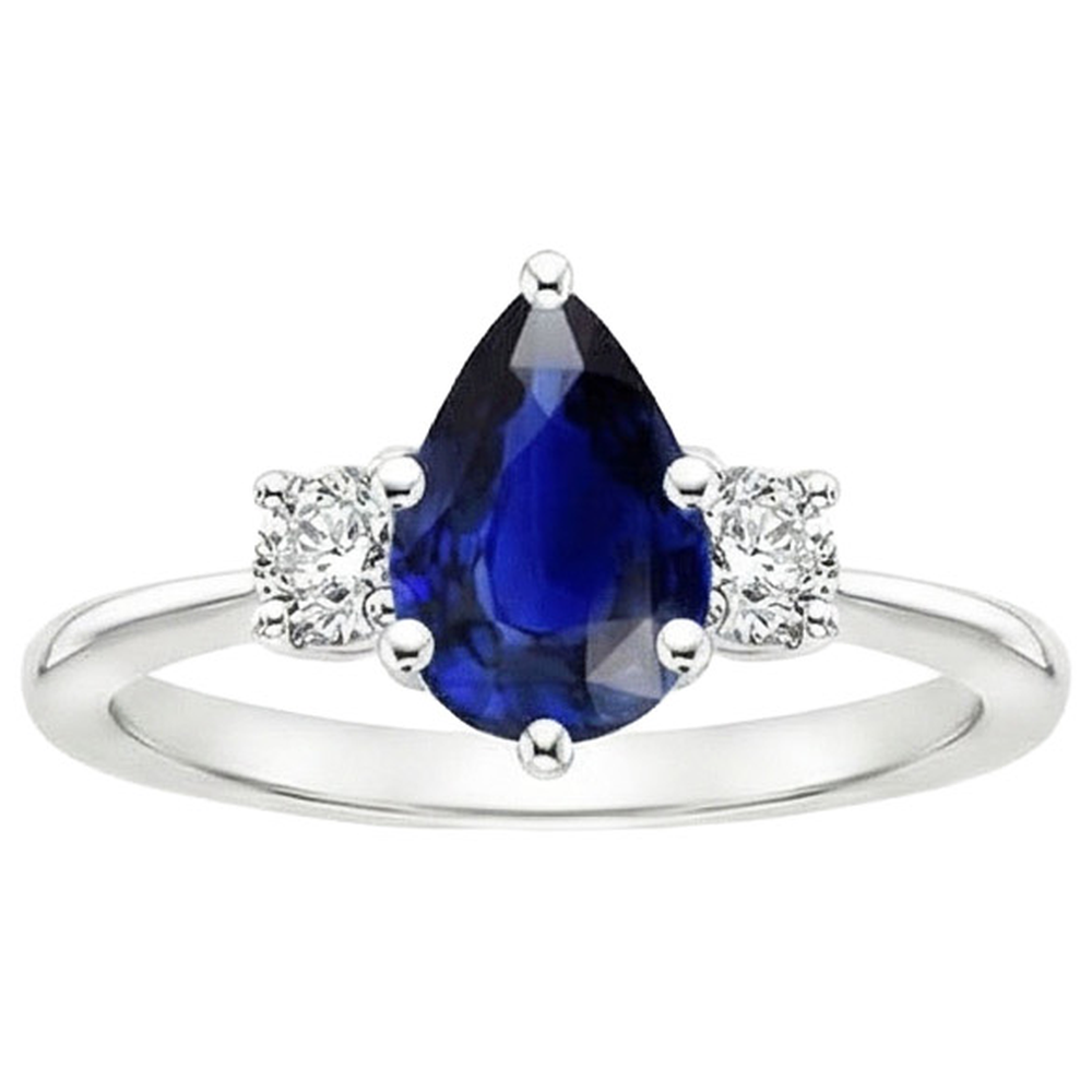 Weißgold 3 Steine Ring Birne Ceylon Saphir & Aus der Erde Abgebauter Natürlicher Diamanten 3,50 Karat