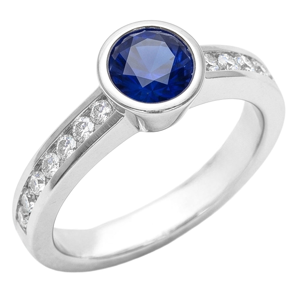 Weißgold Aus der Erde Abgebauter Natürlicher Diamantring 2 Karat Runde Lünette Set Blauer Saphir Edelstein