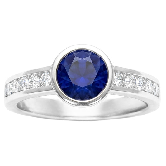 Weißgold Aus der Erde Abgebauter Natürlicher Diamantring 2 Karat Runde Lünette Set Blauer Saphir Edelstein