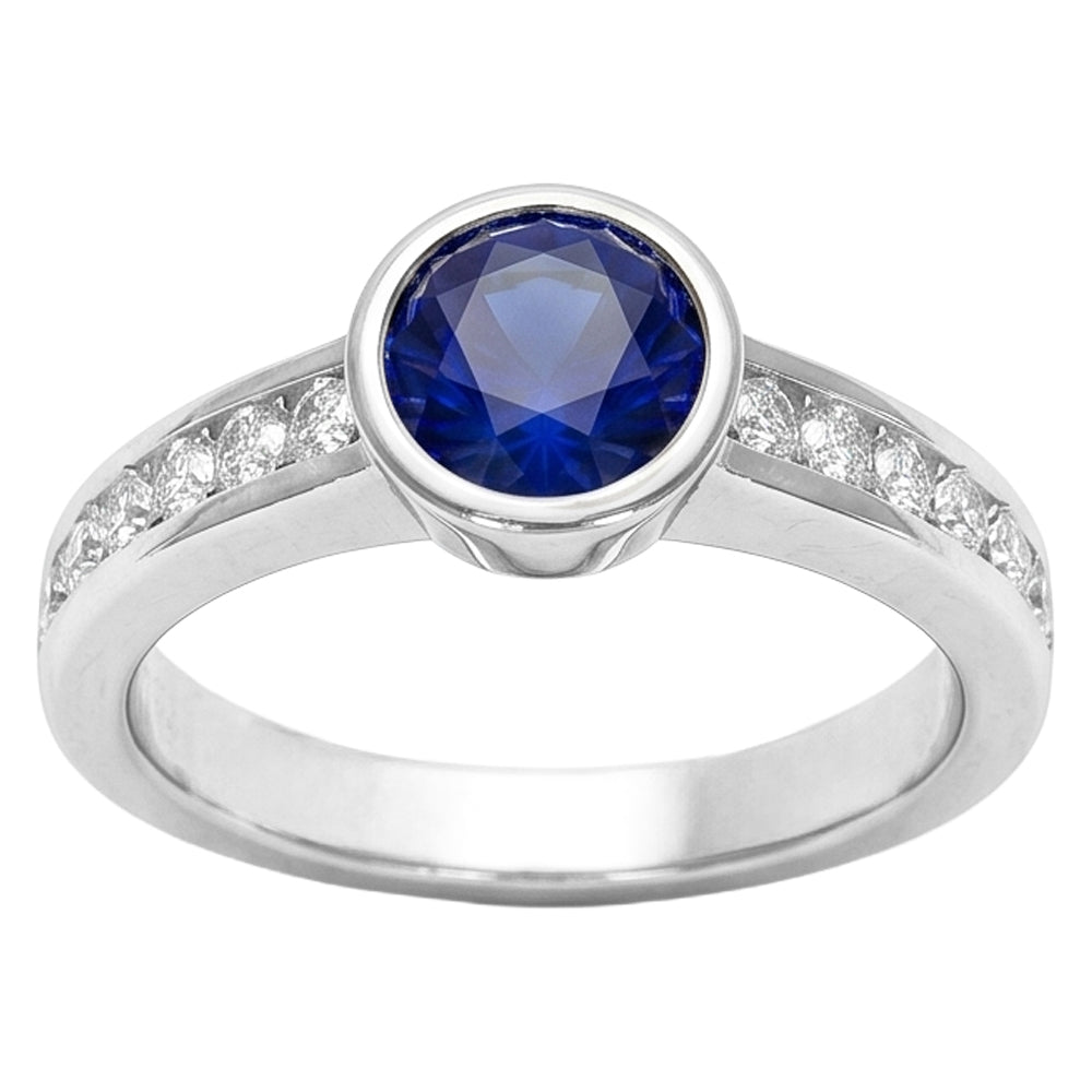 Weißgold Aus der Erde Abgebauter Natürlicher Diamantring 2 Karat Runde Lünette Set Blauer Saphir Edelstein