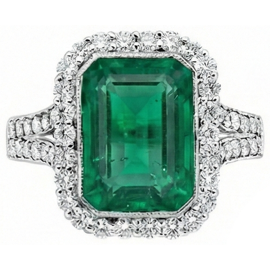 Weißgold Grüner Smaragd & Aus der Erde Abgebauter Natürlicher Diamant Schmuck 5,80 Karat Edelsteinring
