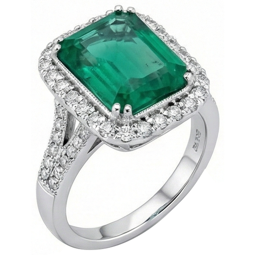 Weißgold Grüner Smaragd & Aus der Erde Abgebauter Natürlicher Diamant Schmuck 5,80 Karat Edelsteinring